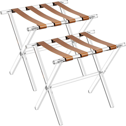 Sumerflos Acrylic Luggage Rack for Guest Room - Foldable Suitcase Stand with Leather Straps for Bedroom Living Room Hotel Heavy-Duty, Holds up to 50-100 lb lightweight Space Saving (Brown & Handle - 2 Pcs)
