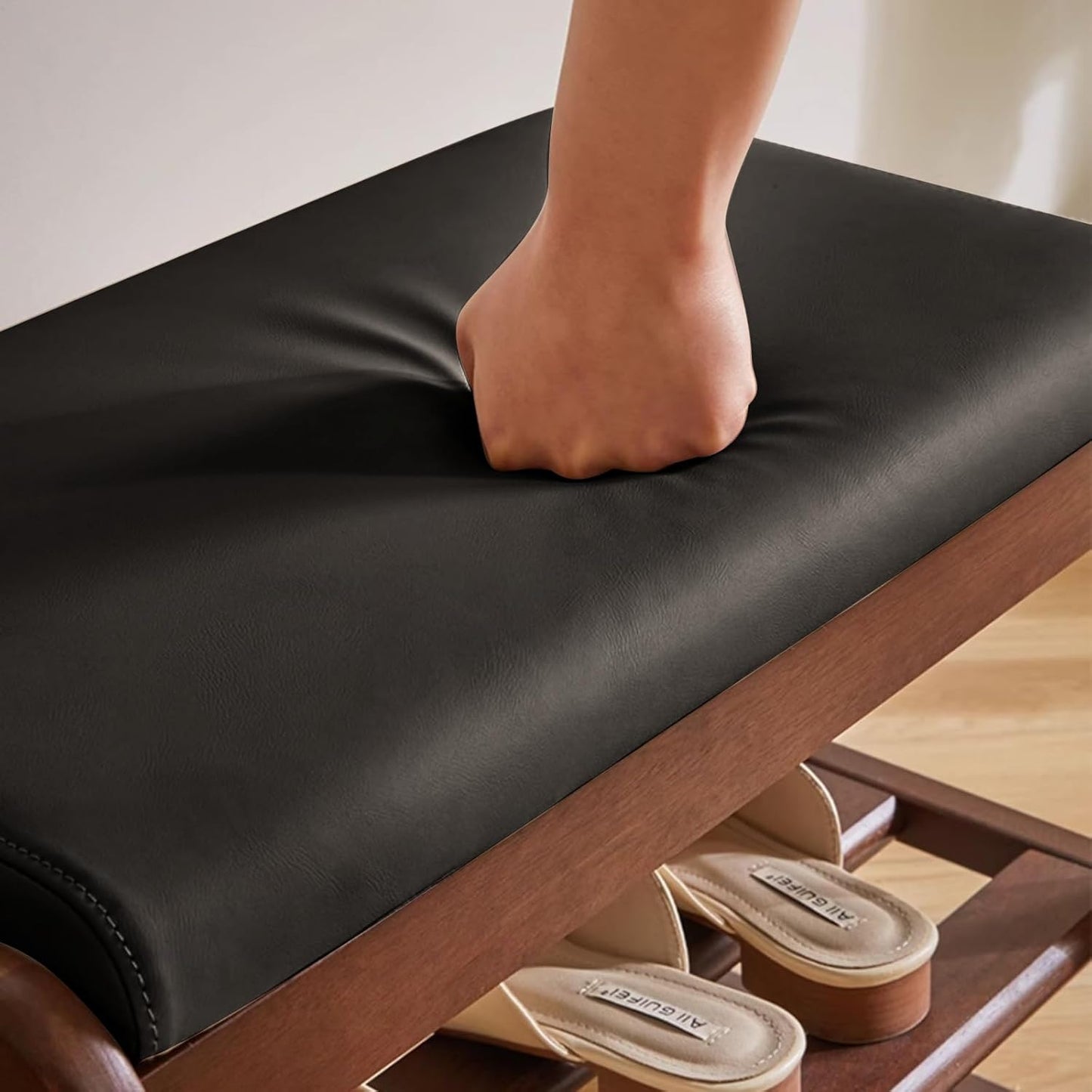 Wooden Shoe Storage Bench with Padded Top Cushion, Two-Tier Wooden Shoe Rack, Suitable for Bedrooms and Living Rooms, Black Walnut(31.5'')