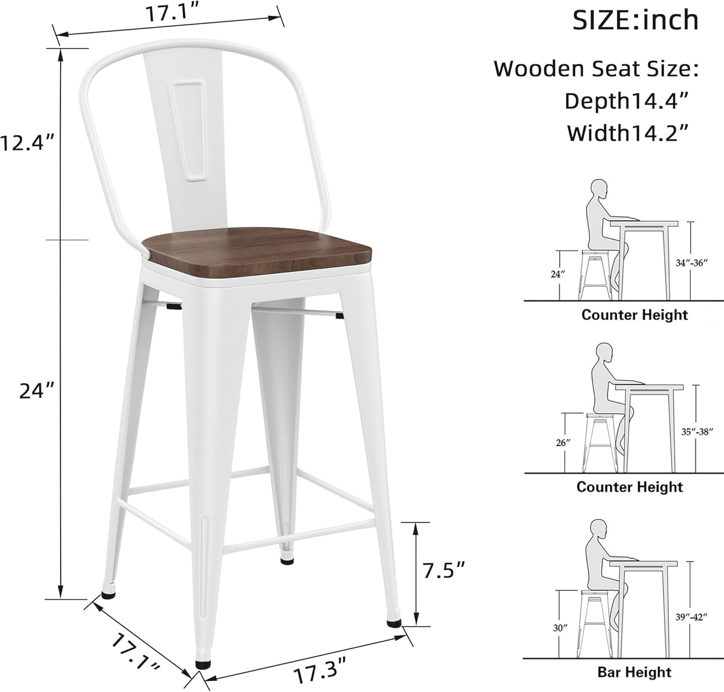 Yongqiang Metal Bar Stools Set of 4 Kitchen Island Counter Height Bar Stools High Back Farmhouse Barstools with Large Wooden Seat 24 inch Cream White