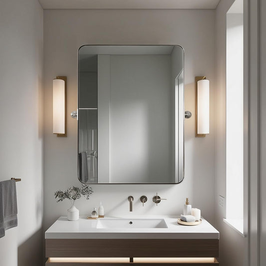 MOON MIRROR Brushed Nickel Pivot Mirror for Bathroom, Tilt Rounded Rectangle for Vanity, Overall 32.33 x 36 in (Mirror 28x 36 in)