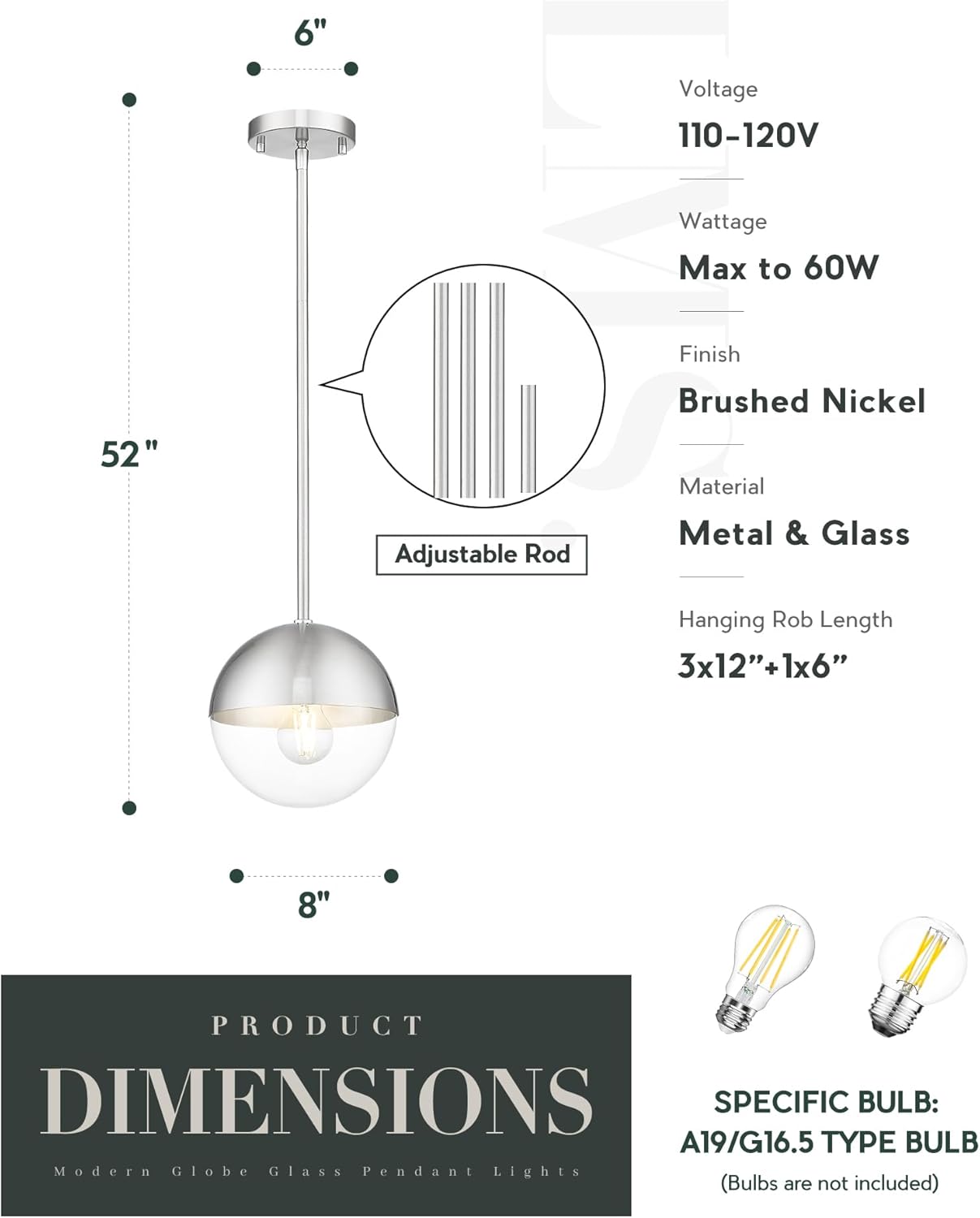 LMS Modern 1-Light Pendant Light Fixtures, Brushed Nickel Kitchen Island Pendant Light Fixtures with Clear Globe Glass, Adjustable Hanging Rod Ceiling Light for Dining Room Bathroom, LMS-186BNC