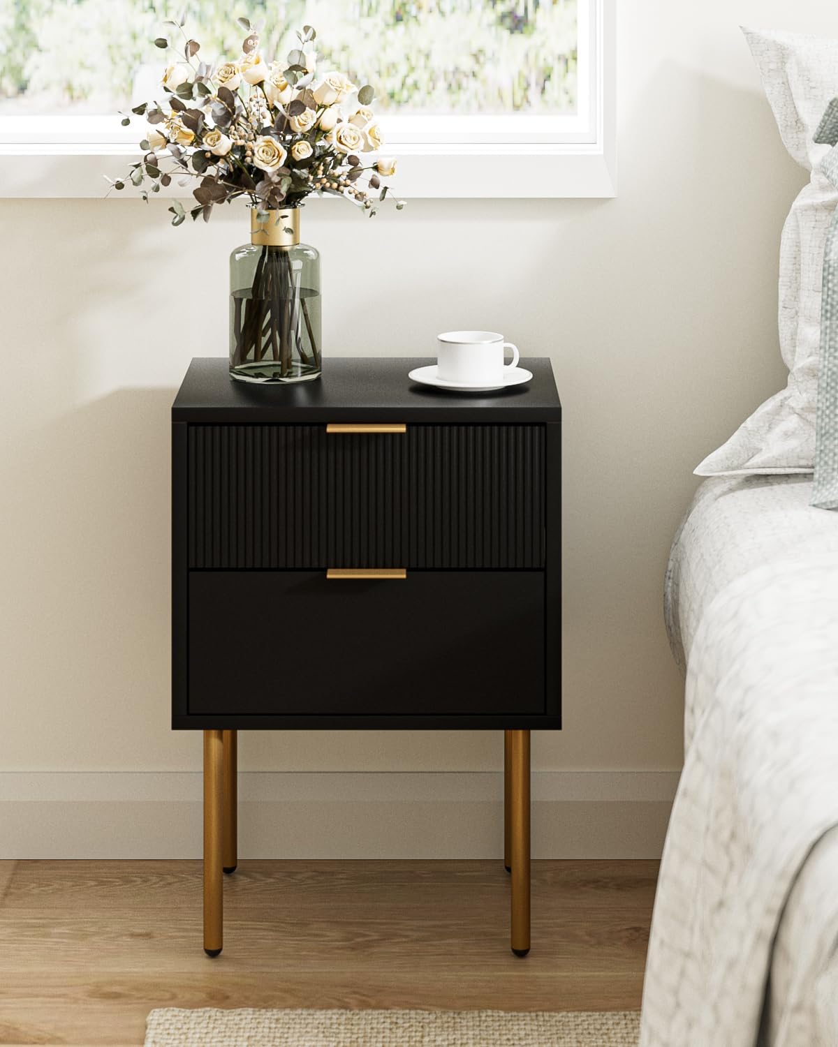 Nightstand,Small Bedside Table with Gold Frame,Morden Night Stand with 2 Drawer,End Table,Side Table with Drawer and Shelf for Bedroom,Living Room, Black