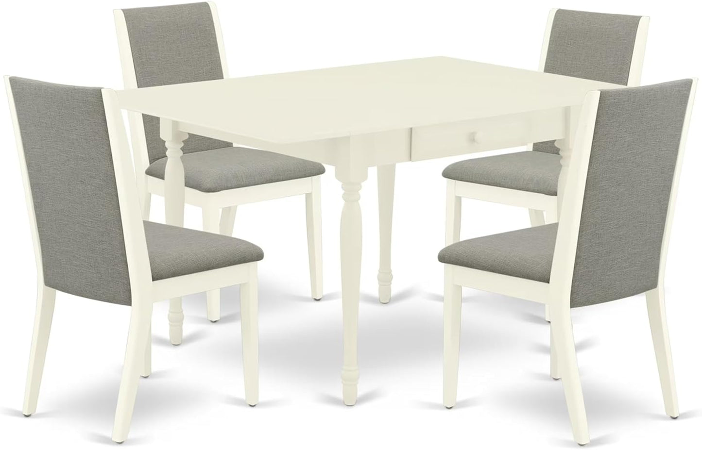 East West Furniture MZLA5-LWH-06 5 Piece Dining Table Set for 4 Includes a Rectangle Kitchen Table with Dropleaf and 4 Shitake Linen Fabric Parson Dining Chairs, 36x54 Inch, Linen White
