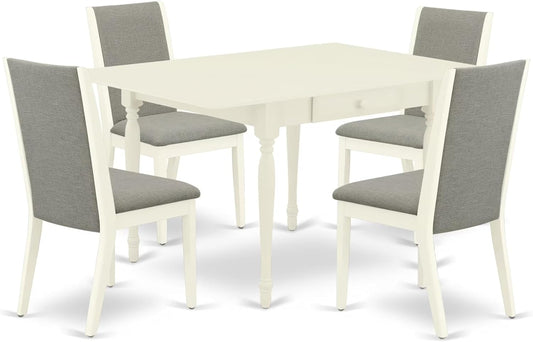 East West Furniture MZLA5-LWH-06 5 Piece Dining Table Set for 4 Includes a Rectangle Kitchen Table with Dropleaf and 4 Shitake Linen Fabric Parson Dining Chairs, 36x54 Inch, Linen White
