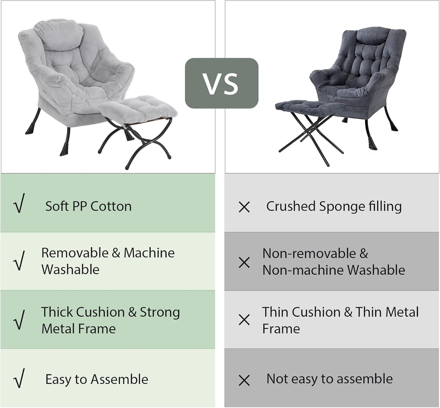 Lazy Chair with Ottoman, Modern Reading Chair with Folding Footrest, Comfortable Lounge Accent Chair for Bedroom, Study, Living Room, Courtyard (Plush Grey)