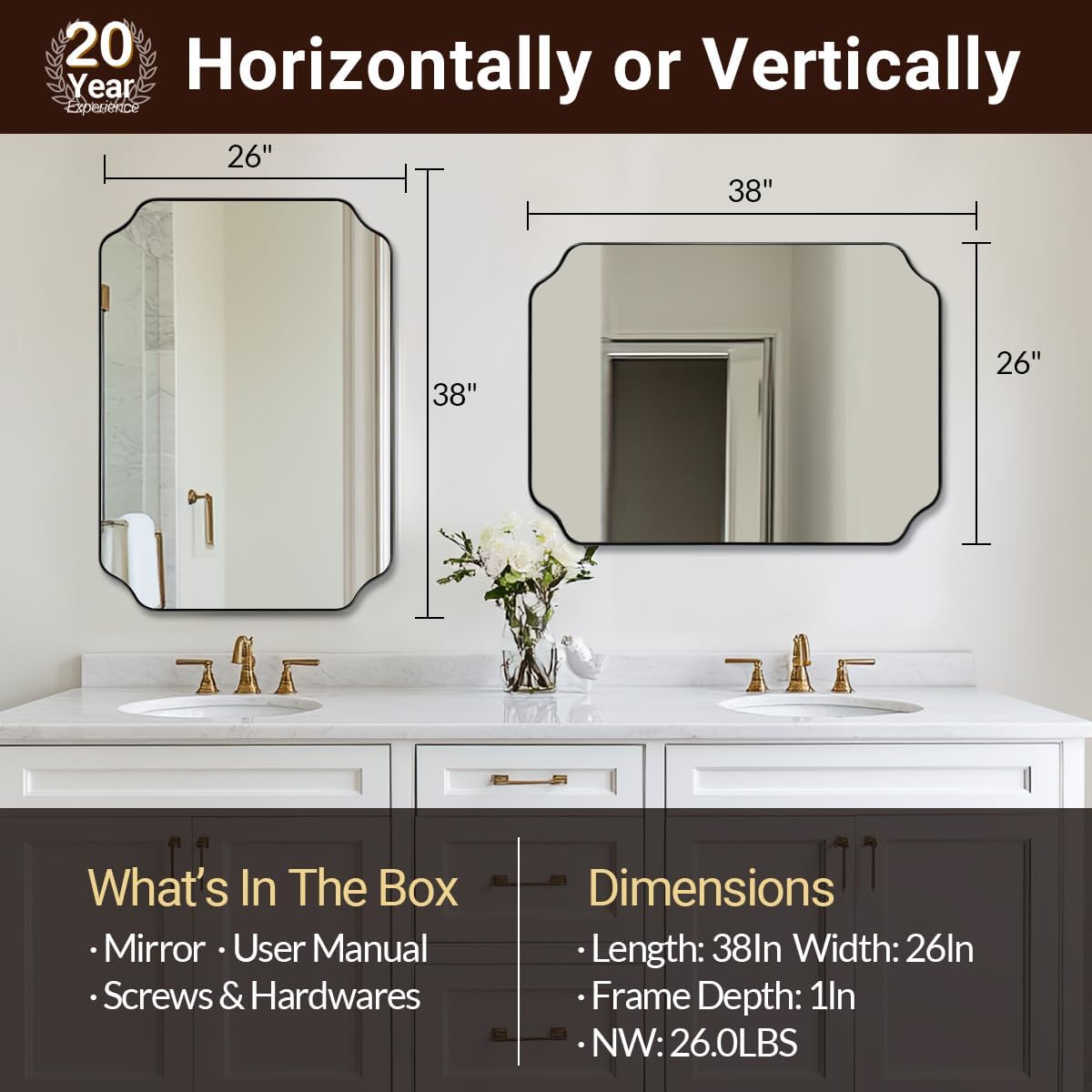 ANDY STAR Matte Black Mirror 26x38 Inch, Scalloped Wall Mirror, Unique Rectangular Bathroom Mirror in Premium Stainless Steel Metal Frame 1’’ Deep, Hangs Vertically/Horizontally