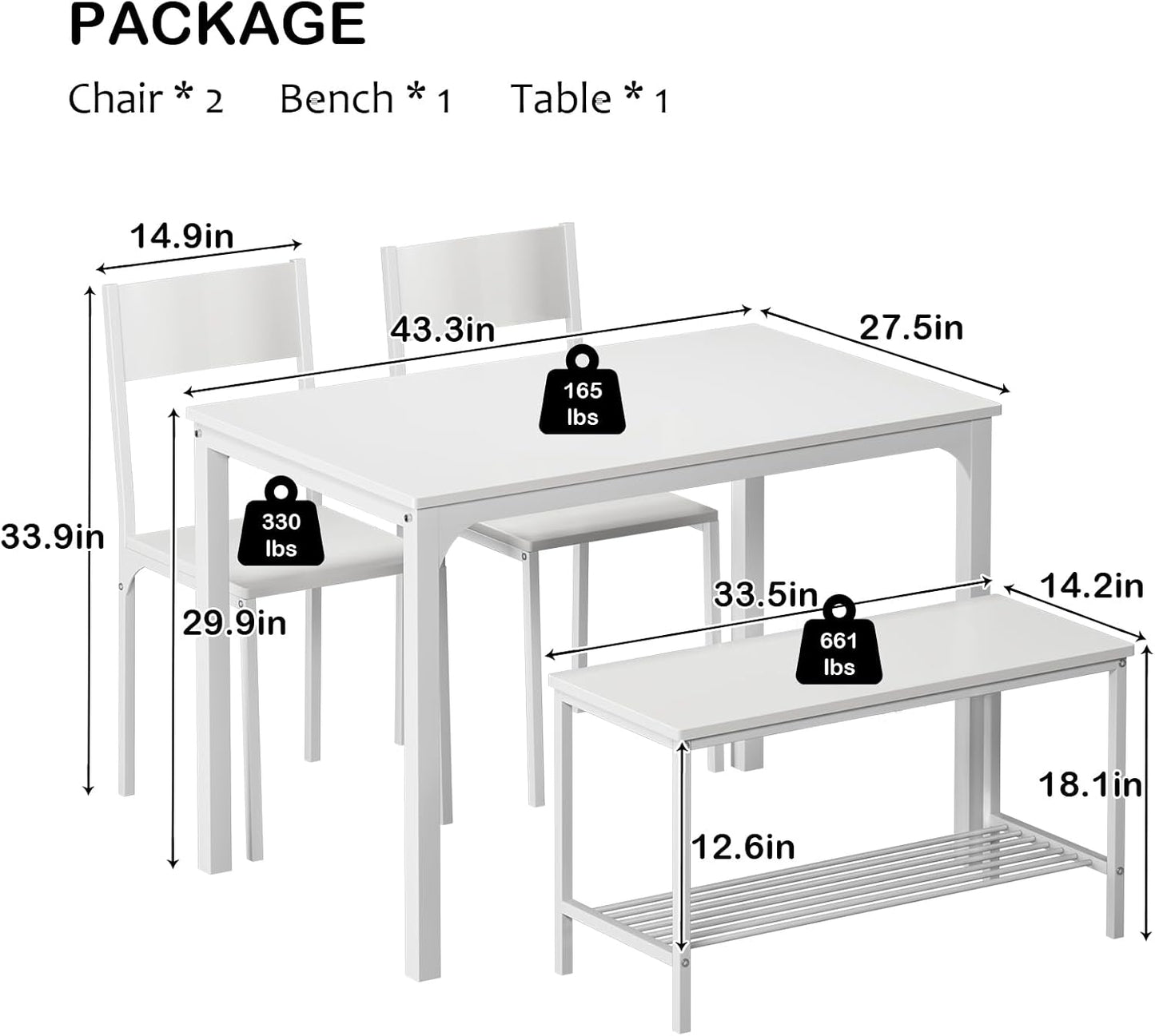 soges 4 Person Dining Table Set,43.3 inch Kitchen Table Set for 4,2 Chairs with Backrest,2-Person Bench with Storage, White Rack,Nesting Furniture Set for Dining Room and Restaurant, White