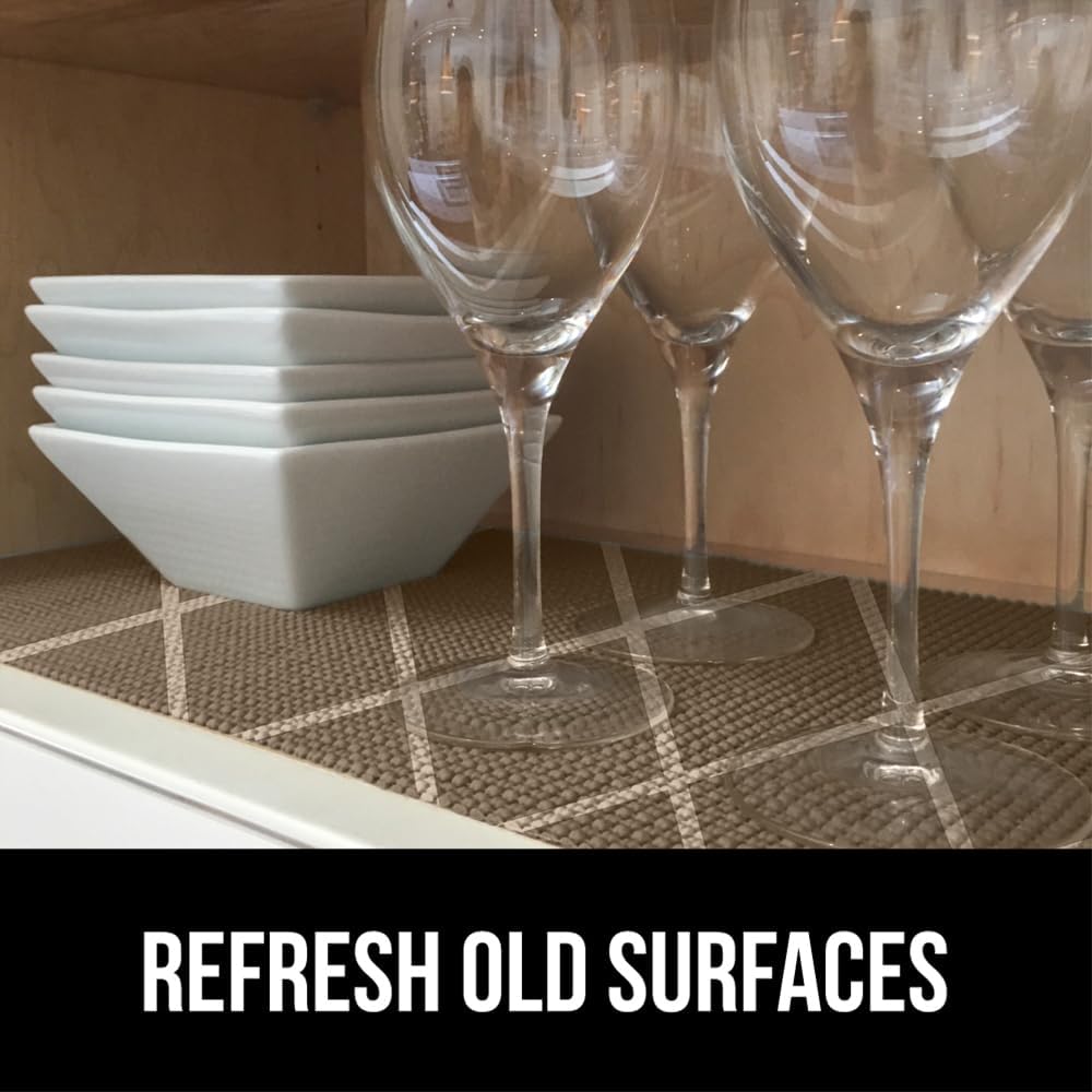 GORILLA GRIP powerGRIP Drawer Shelf and Cabinet Liner, Thick Strong Hold, Non-Adhesive Liners Protect Kitchen Cabinets and Cupboard, Bathroom Drawers, Easy Install, Breathable Mat, 17.5" x20', Beige