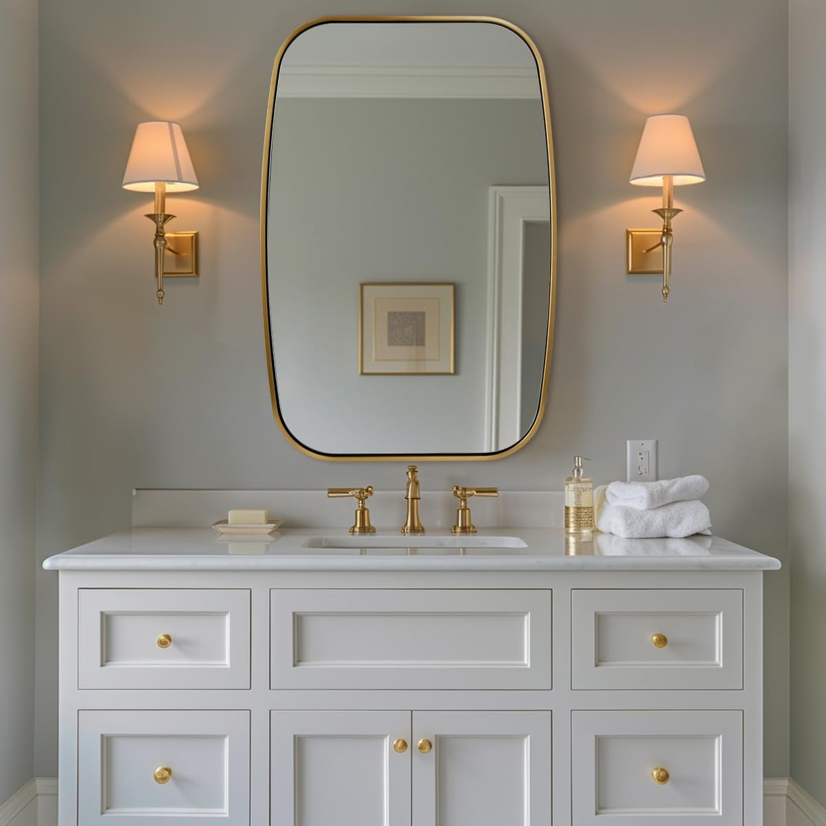 ANDY STAR Brushed Gold Oval Bathroom Mirror, 24x36 Inch Brass Oblong Mirrors for Wall, Modern Rectangle Vanity Mirror with Rounded Corner, Stainless Steel Wall Mount Horizontal or Vertical