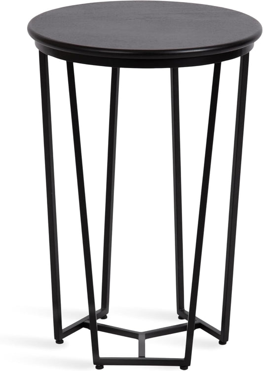 Kate and Laurel Solvay Round Metal and Wood Side Table; 16 x 16 x 24; Black; Modern Bedroom Nightstand Table with Solid Mango Wood Tabletop and Iron Base