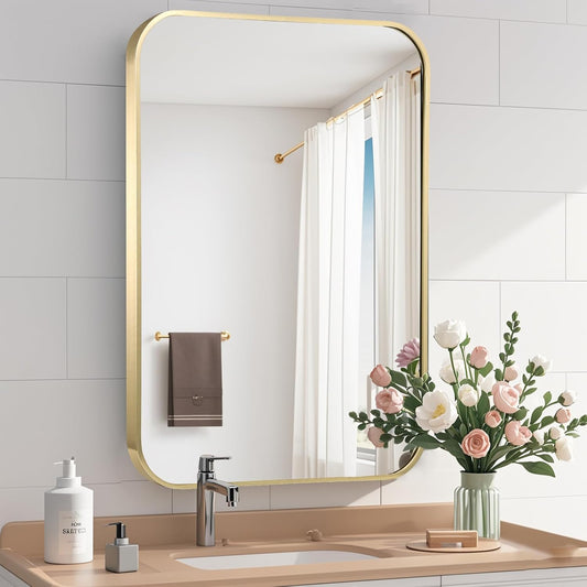 Gold Bathroom Mirror, 16x20 Inch Brushed Gold Aluminum Alloy Framed Rectangle Wall Mirror, Crystal Clear Reflection, Anti-Rust, Easy to Install Vertically or Horizontally