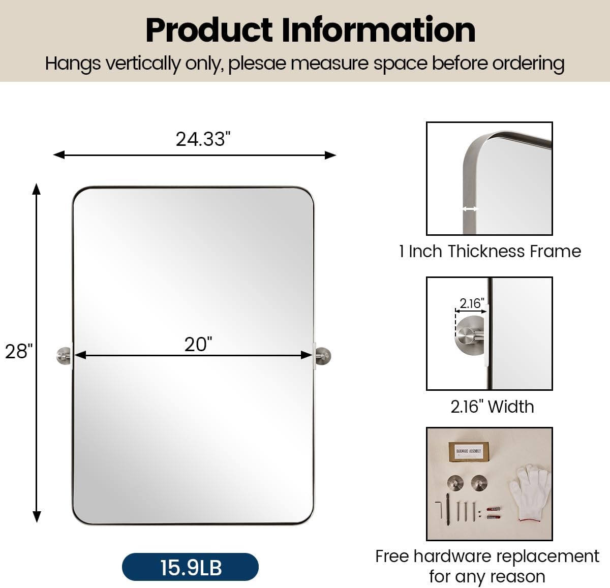 MOON MIRROR 20" x 28" Brushed Nickel Metal Framed Pivot Rectangle Bathroom Mirror, Silver Tilting Rounded Rectangular Vanity Mirror for Wall Mounted Hangs Vertical Only