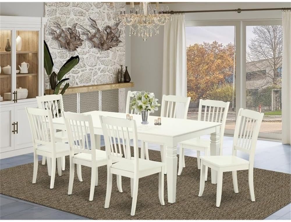 East West Furniture LGDA9-LWH-W 9 Piece Dining Room Table Set Includes a Rectangle Kitchen Table with Butterfly Leaf and 8 Dining Chairs, 42x84 Inch, Linen White