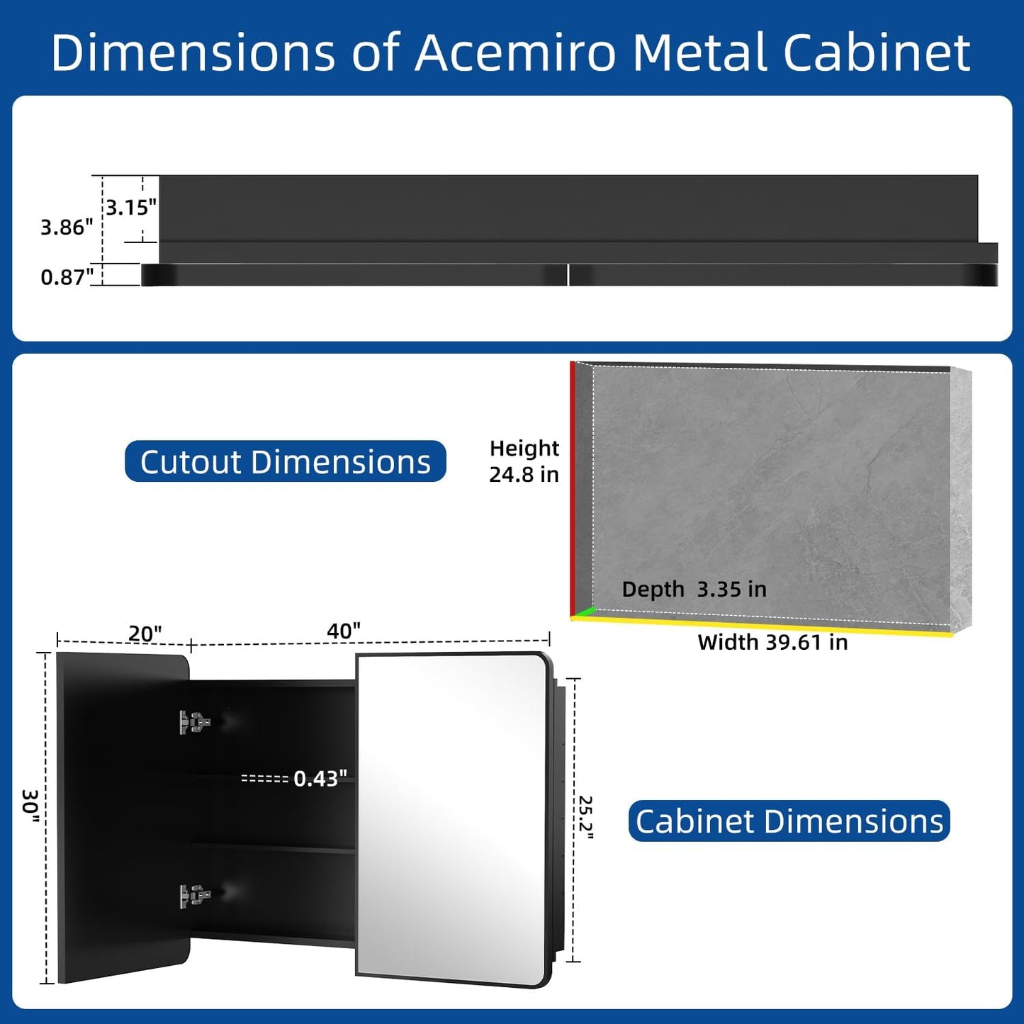 40x30 Inch Black Medicine Cabinet Mirror Metal Framed Recessed Bathroom Medicine Cabinets with Mirror and Storage Wall Mounted