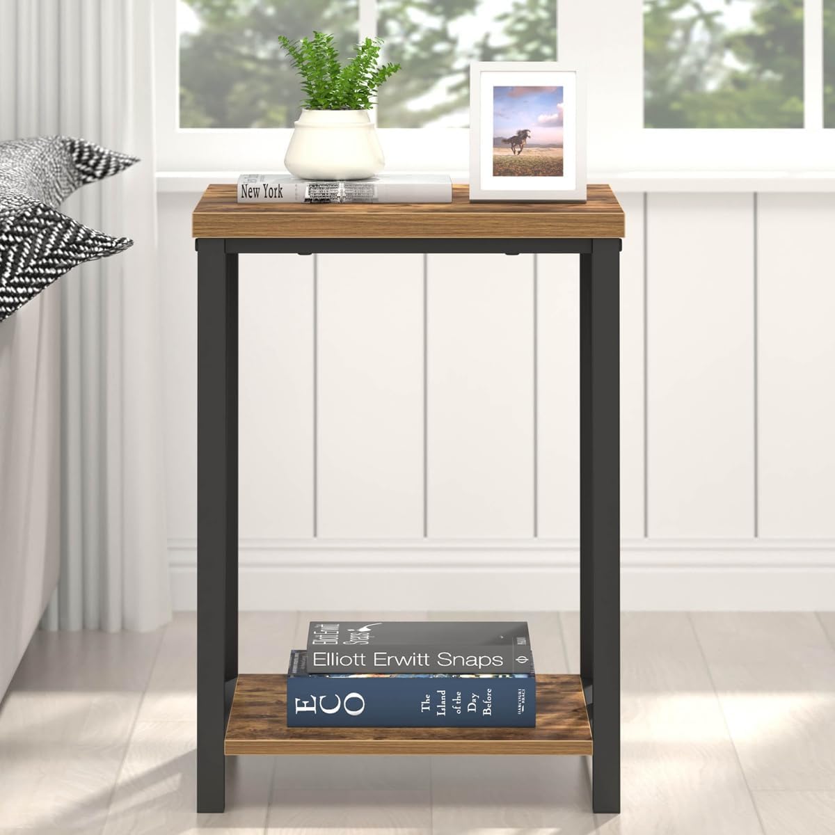 EXCEFUR End Table, Square Side Tables for Living Room, Industrial Metal and Wood Nightstand for Bedroom, Rustic Brown