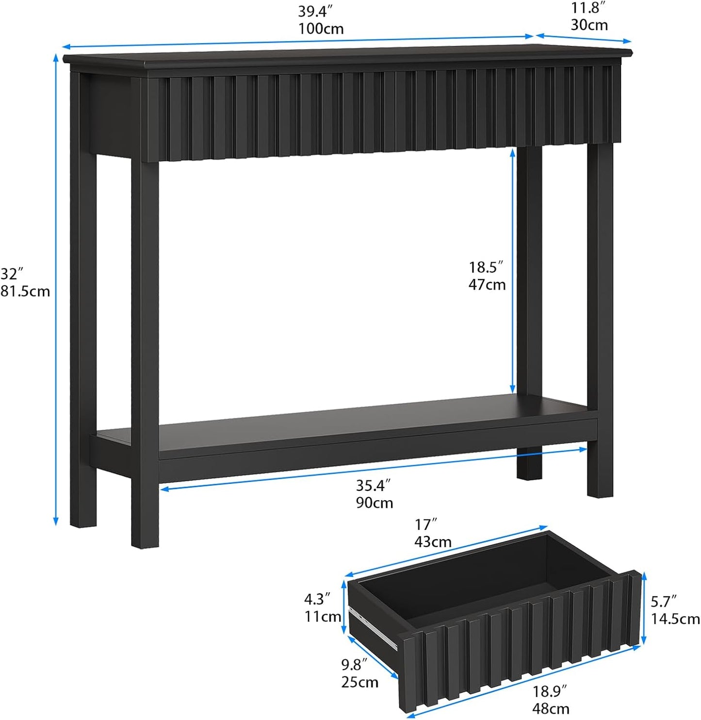 Fluted Console Table with 2 Drawers Narrow Sofa Table with Open Storage Shelf Modern Behind Couch Tables Long Entryway Table for Foyer Hallway