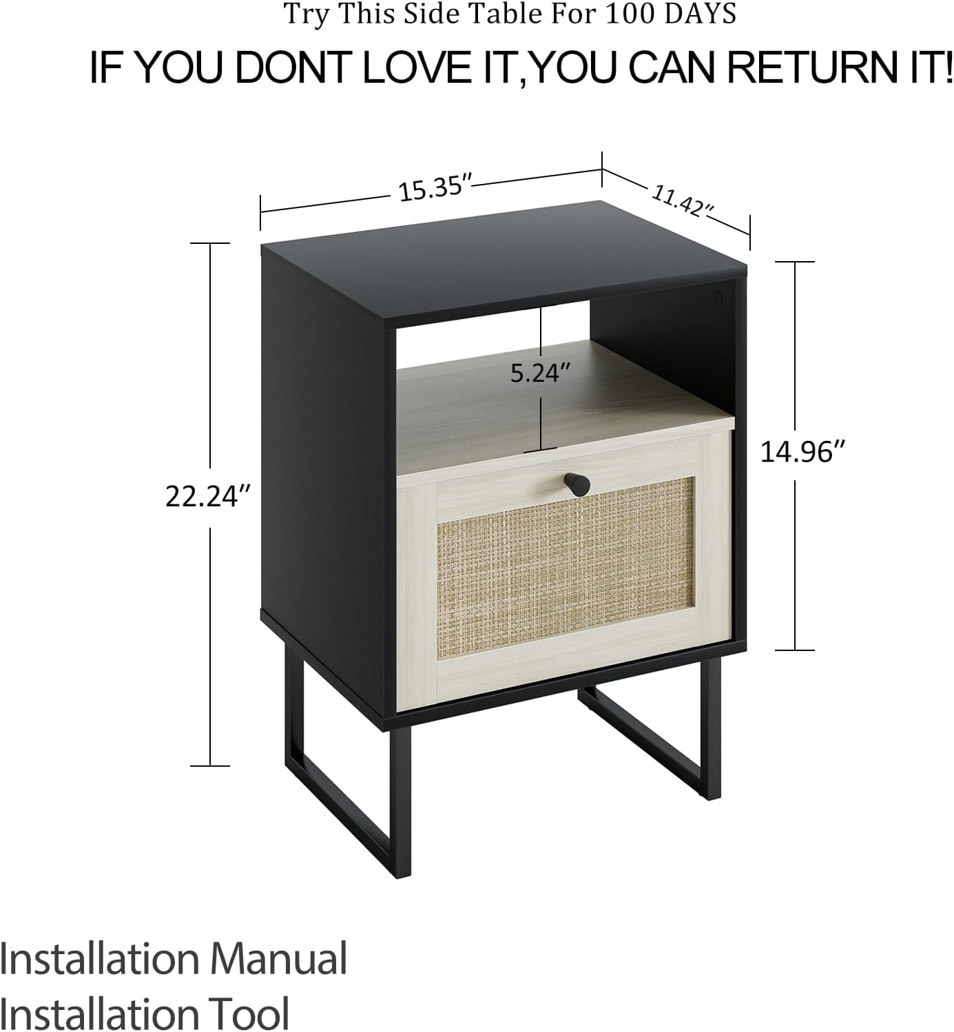 Masupu Boho Night Stand, Small Rattan Side Table, Wood Nightstand with Drawer and White Oak Shelf, Bedside Table, End Table for Bedroom,Living Room,Office (Black Frame)