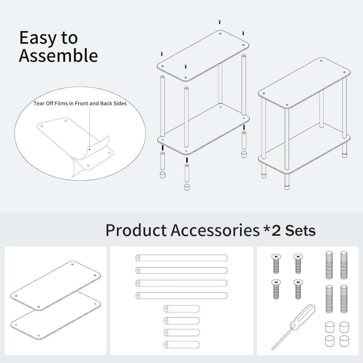 Clear Acrylic Narrow Side Table Set of 2 for Small Spaces, 15.75" L x 7.87" W x 19.82" H, 2 Tier Rectangle Slim End Table Nightstand, Small Bedside Table for Bedroom, Bathroom, Living Room