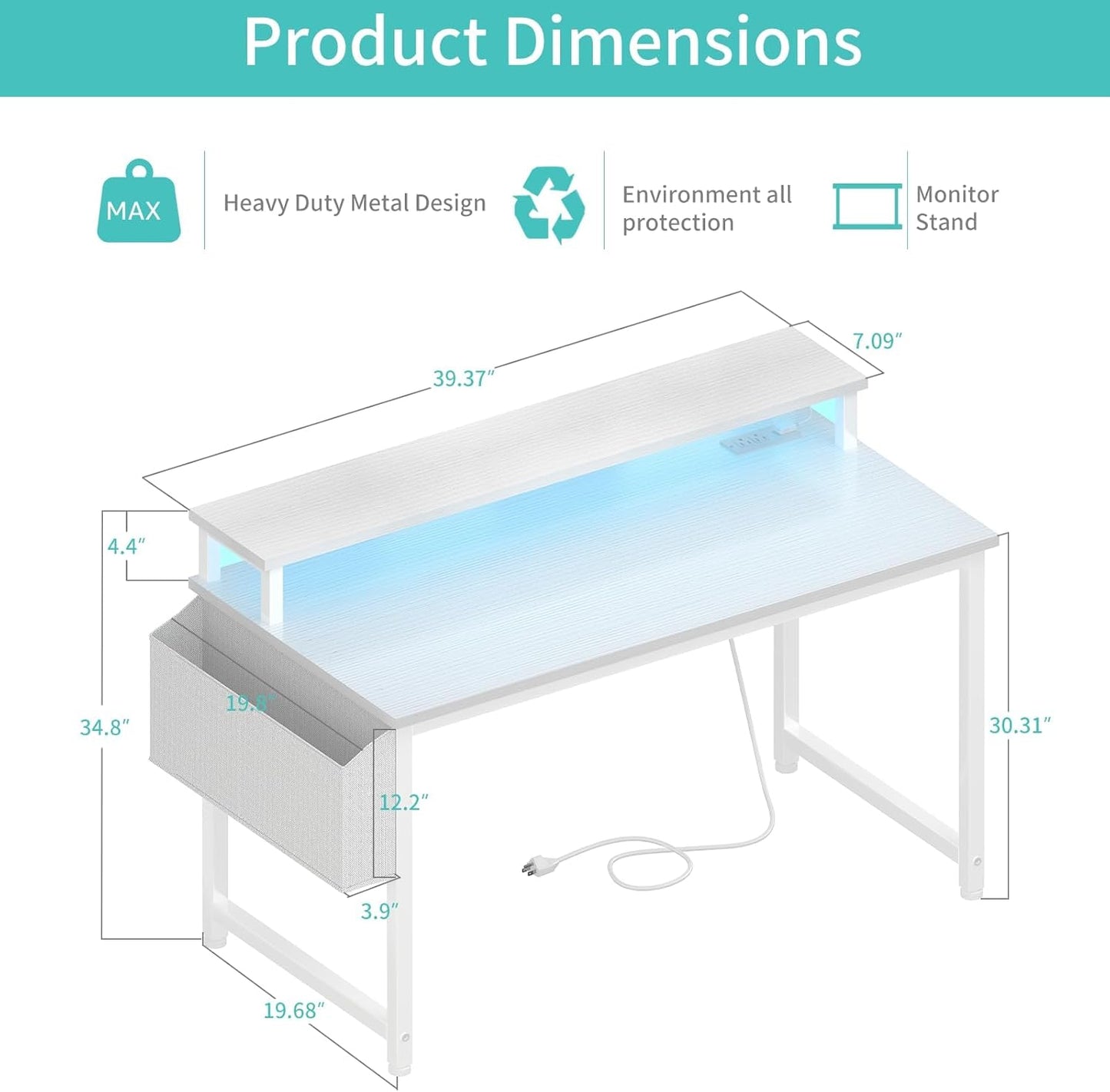 Lufeiya White Computer Desk with LED Lights and Power Outlets, 40 Inch Home Office Desks with Monitor Stand, Teen Writing Study Table Gaming Desk with Charging Station, White