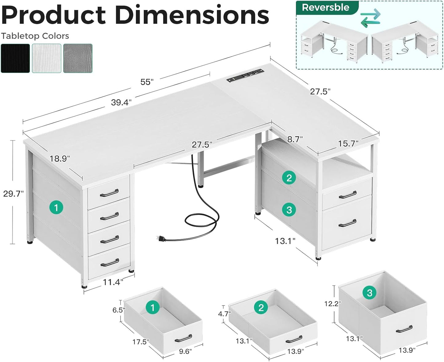 Coleshome L Shaped Computer Desk with 6 Drawers & Power Outlet, 55 Inch Corner Desk with Reversible Storage Shelf & File Drawer, Home Office Desk, White