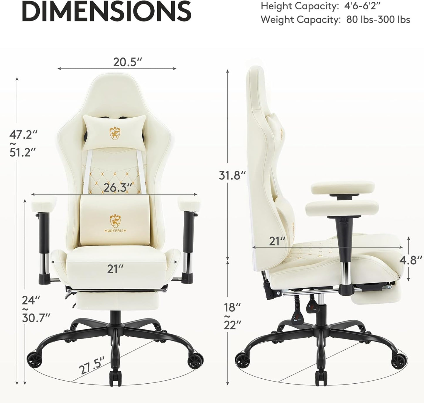Gaming Chair,Computer Office Chair with Footrest,Massage Lumbar Support and Gel Pad,Ergonomic Reclining Leather Gamer Chair with Headrest,Adjustable Armrests and Spring Cushion Ivory