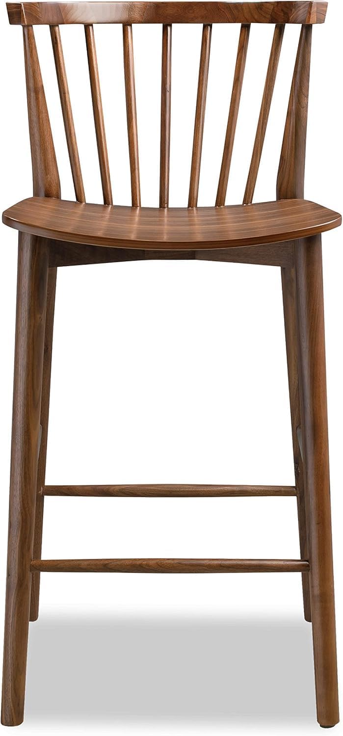 POLY & BARK Ligna Counter Stool Walnut – Mid-Century Inspired Stool with Sculpted Spindle Back – Solid American Oak Frame and Engineered Wood Veneered Seat – Fully Assembled and Ready to Use
