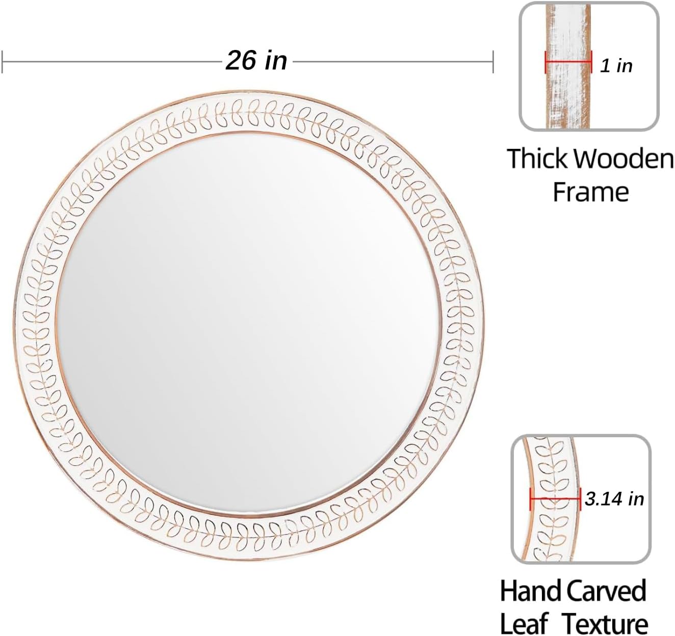 26 inch Round Mirrors for Wall Wood Circle Mirror with Carved Frame Rustic Accent Distressed Decorative for Living Room Bedroom Vanity Entryway Hallway Bathroom - White