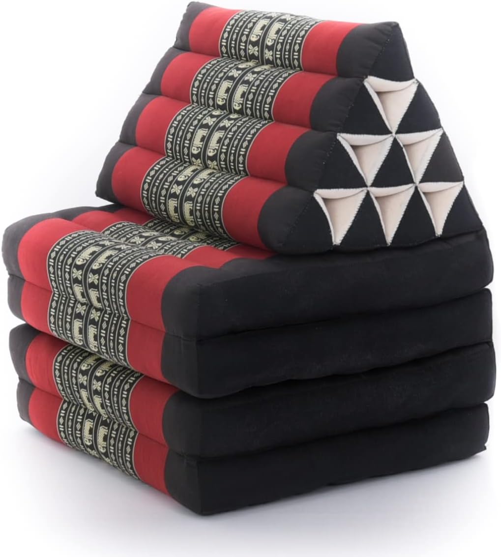 Leewadee Comfortable Japanese Floor Mattress - Thai Floor Bed with Triangle Cushion - Futon Mattress - XL Extra Long Thai Massage Mat, 89 x 20 inches, Black Red, Kapok Filling