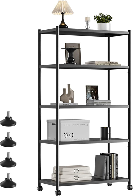 ZZL 5 Tier Large Bookshelf 31.49" Width,Tall Book Shelf Storage and Organization w/Wheels,Industrial Book Shelves for Home Office,Bedroom,School,Living Room(Black)