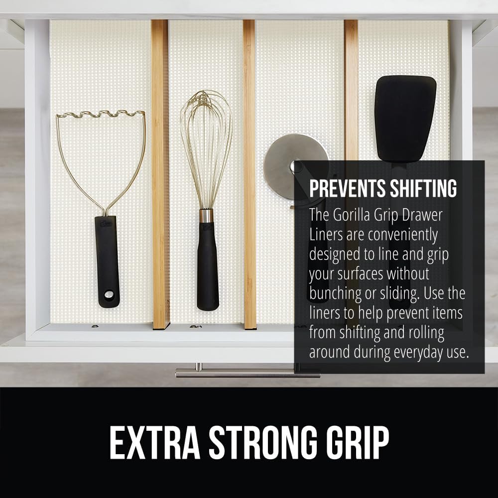 GORILLA GRIP powerGRIP Drawer Shelf and Cabinet Liner, Thick Strong Hold, Non-Adhesive Liners Protect Kitchen Cabinets and Cupboard, Bathroom Drawers, Easy Install, Breathable Mat, 20" x30' Snow White