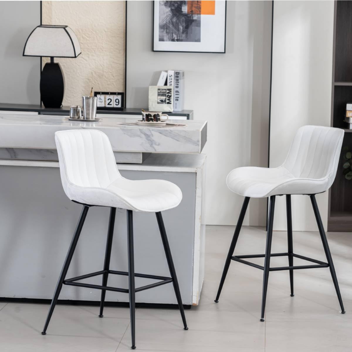 24’’ Bar Stools Set of 2 Modern Barstools White Bar Stools with Fabric Upholstery Counter Height Bar Stools with Low Back Stools for Kitchen Counter, Bar, Pub, Cafe (White).