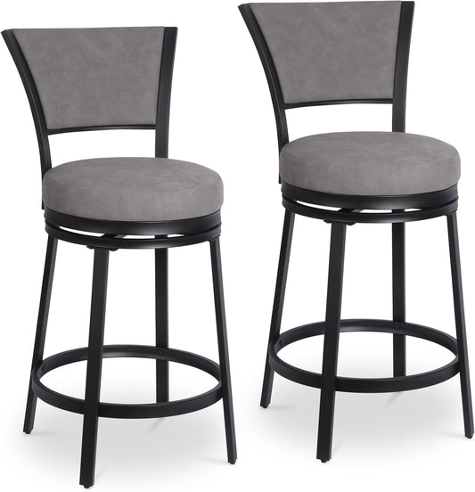 Bar Stools Set of 2, 25 Inch Metal Counter Height Bar Chairs, Modern Faux Leather 360° Round Swivel Barstools with Back, Counter Stools for Kitchen Island, Pub, Grey