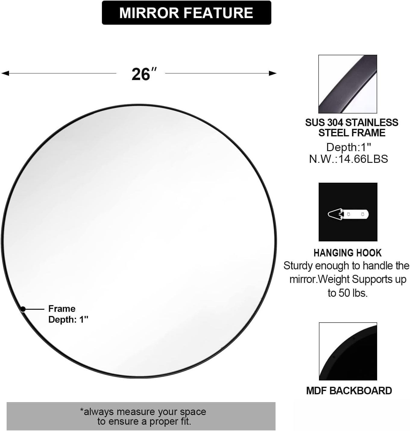 ANDY STAR Round Wall Mirror, 26" Black Round Mirror Metal Framed, Modern Metal Frame Bathroom Vanity Mirror (Matte Black Finish)