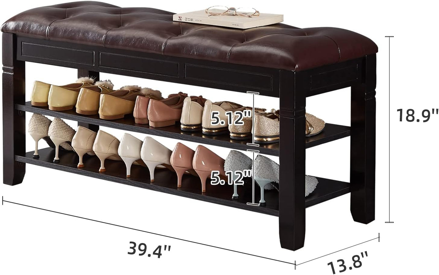 Shoe Storage Bench, Entryway Shoe Rack with Fiberleather Seat 2-Tier Lift Top Organizer Wooden Shoe Bench for Entryway Hallway Living Room (Black 39.4x13.8x18.9'')