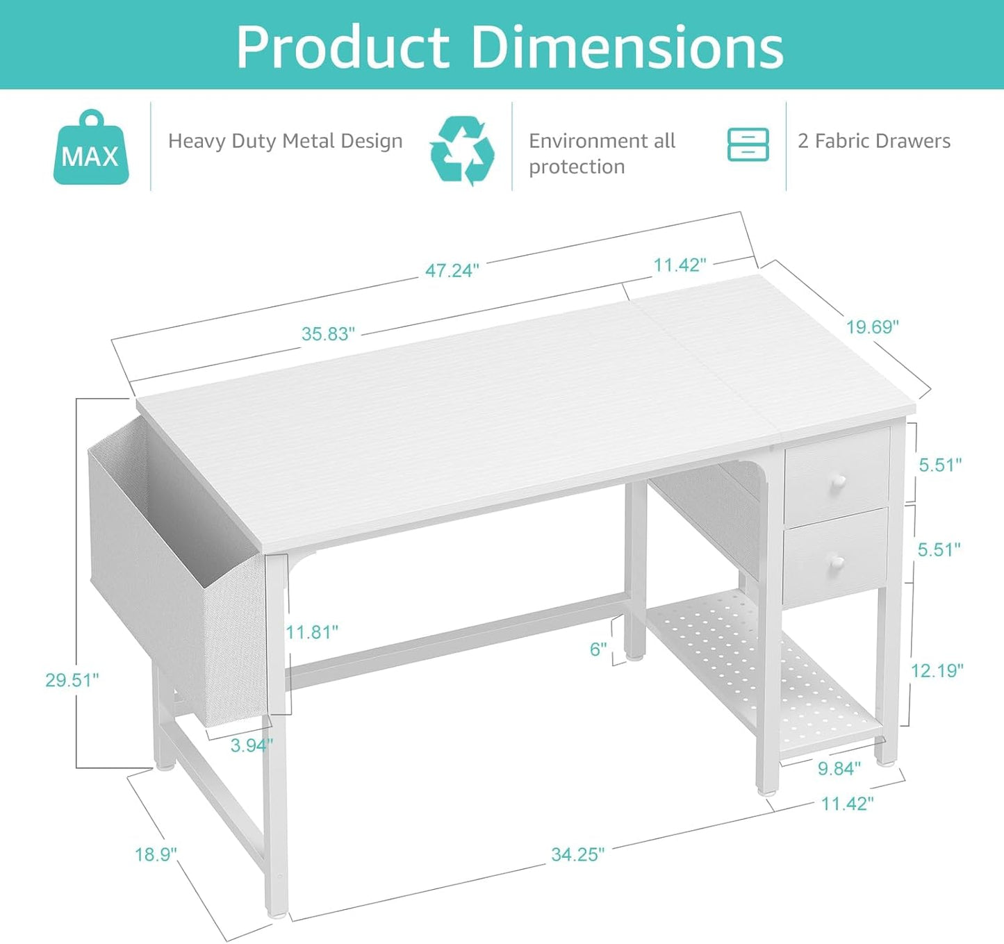 Lufeiya White Computer Desk with Drawers - 47 Inch PC Desk for Small Space Bedroom Home Office, Modern Simple Study Writing Table Desks with Storage Shelf, White