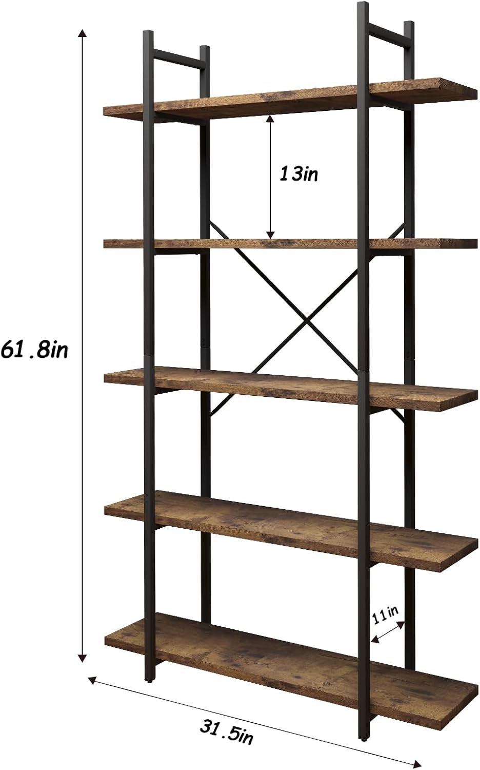 5 Tiers Bookshelf Organizer Industrial Shelf,Modern Open Display Storage Bookcase,Rustic Brown and Metal Bookshelf Standing Storage Shelf Tall Shelving Units for Home Office Study.
