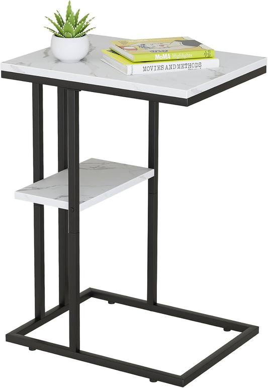 Easy Paws C Shaped End Table,Small Side Table for Couch and Bed, Gold Snack Couch Table for Small Spaces, Living Room, Bedroom,Bedside (White Marble)