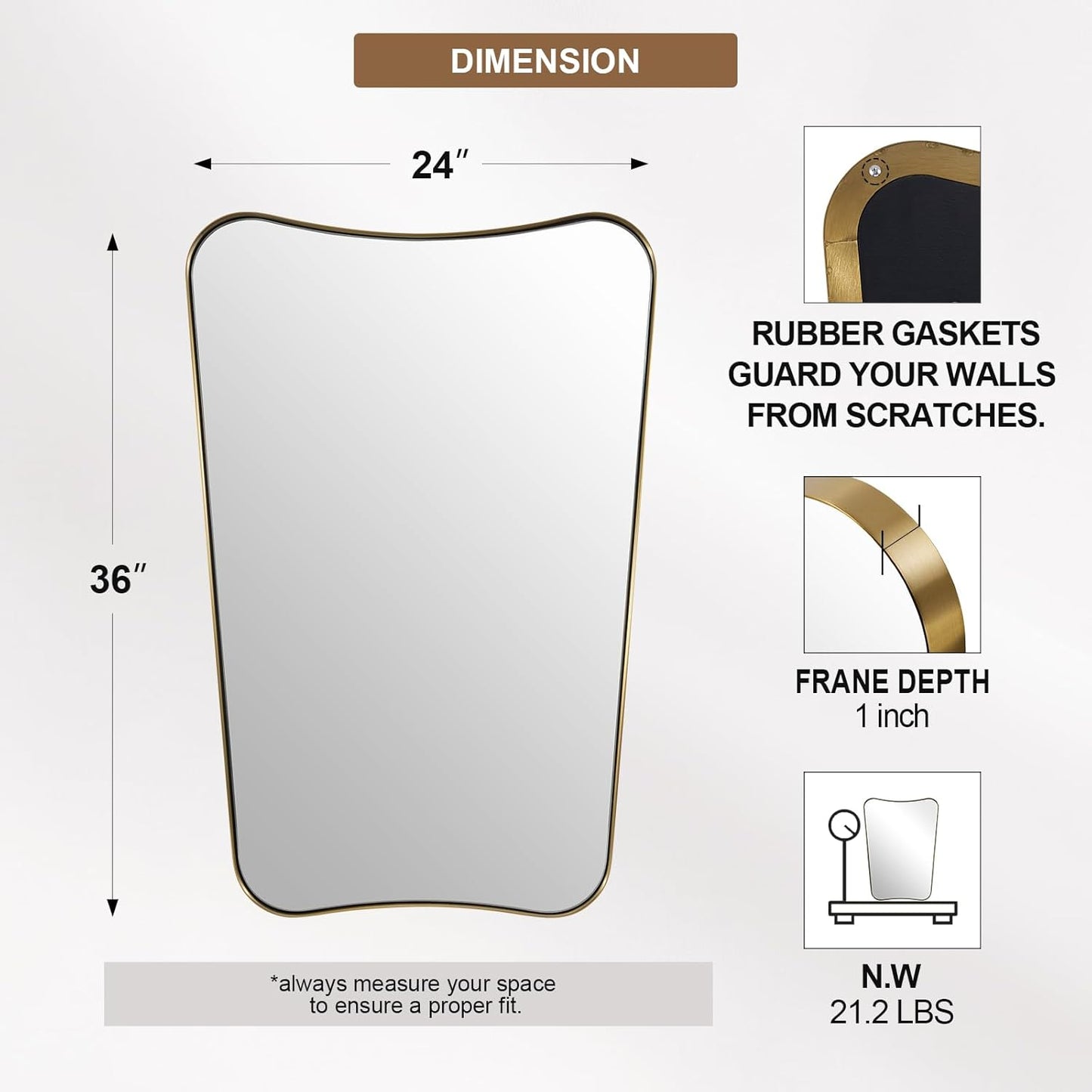 ANDY STAR Gold Mirror, 24x36 Irregular Wall Mirror, Gold Antique Bathroom Vanity Mirror, Brass Mirrors for Wall, Asymmetrical Mirror in Rust-Proof Stainless Steel Metal Frame, Wall Mount Vertically