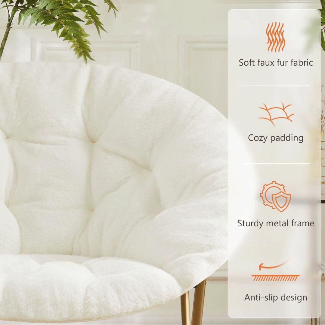Comfortable Cozy Faux Fur Disc Chair Foldable Feature for Bedroom, Living Room and Dorm, Adult-Sized Relaxation, White
