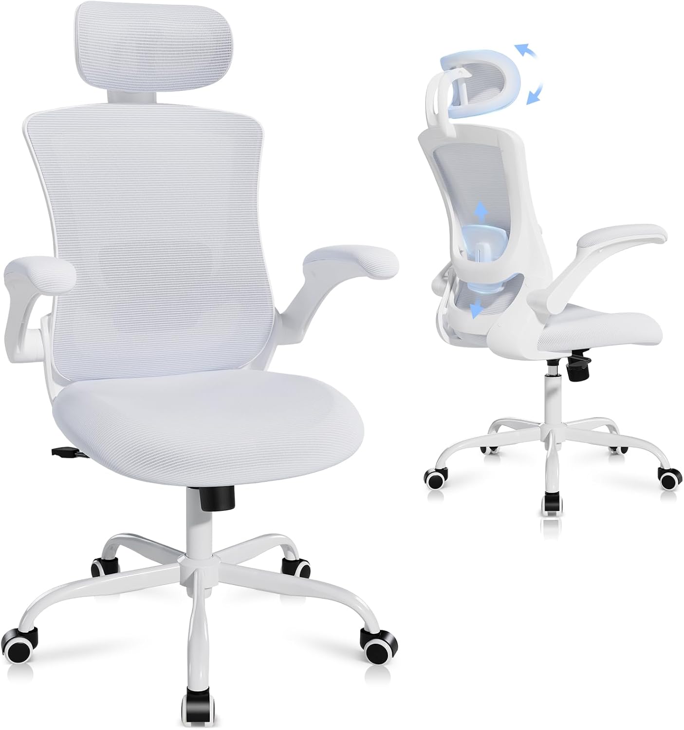 Ergonomic Office Chair with Adjustable Lumbar Support & Headrest, High Back Mesh Desk Chair with Flip-Up Armrests, Breathable & Comfortable Computer Chair for Home, Office & Study –White