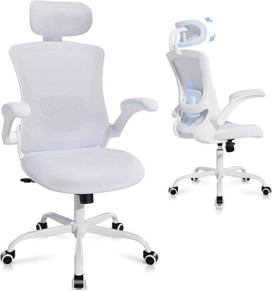 Ergonomic Office Chair with Adjustable Lumbar Support & Headrest, High Back Mesh Desk Chair with Flip-Up Armrests, Breathable & Comfortable Computer Chair for Home, Office & Study –White