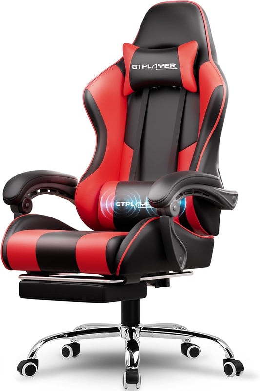 GTPLAYER Gaming Chair, Computer Chair with Footrest and Lumbar Support, Height Adjustable Game Chair with 360°-Swivel Seat and Headrest and for Office or Gaming (Faux Leather, Red)