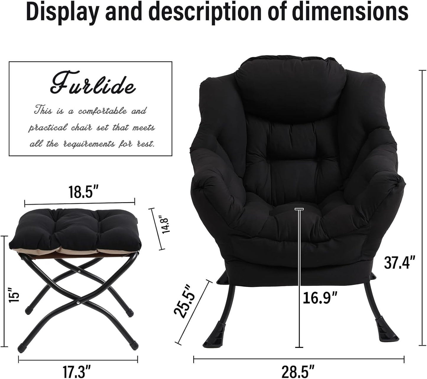 Modern Lazy Chair with Folding Footrest, Lounge Accent & Comfortable Reading Chair (Black)