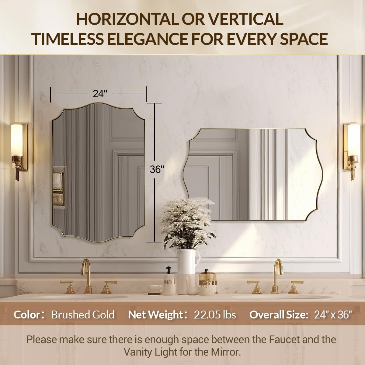 Gold Bathroom Mirror, Irregular Wall Mirror, Asymmetrical Mirror with Anti-Rust Metal Frame, 24x36 Gold Mirrors for Wall Decor, Bedroom, Dining Room, Powder Room, Entryway, Mantel, Foyer