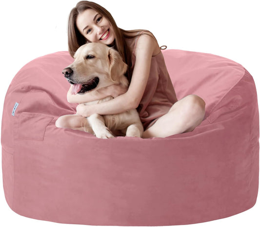 3FT Bean Bag Chair with Ultra Soft Velvet Cover Bean Bag Sofa with Memory Foam Bean Bag Chairs with Large Size Lazy Sofa for Dorm Office Living Room Bedroom Soft Pink 3'