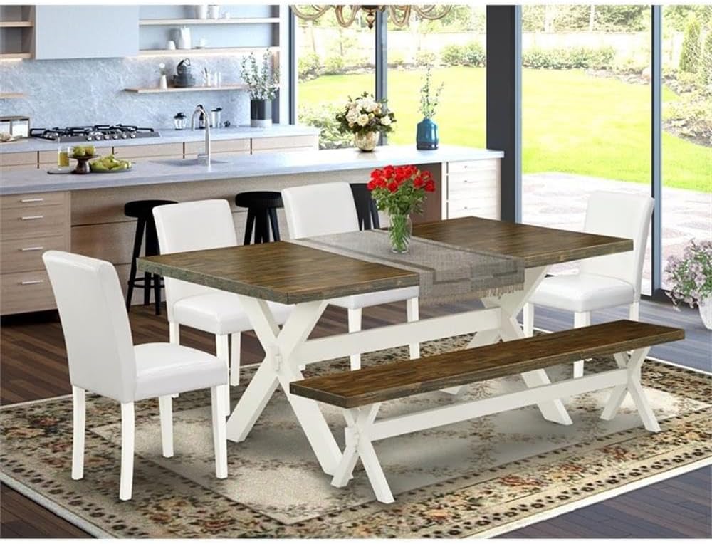East West Furniture X077AB264-6 6 Piece Dinette Set Contains a Rectangle Dining Table with X-Legs and 4 White Faux Leather Parson Chairs with a Bench, 40x72 Inch, Multi-Color