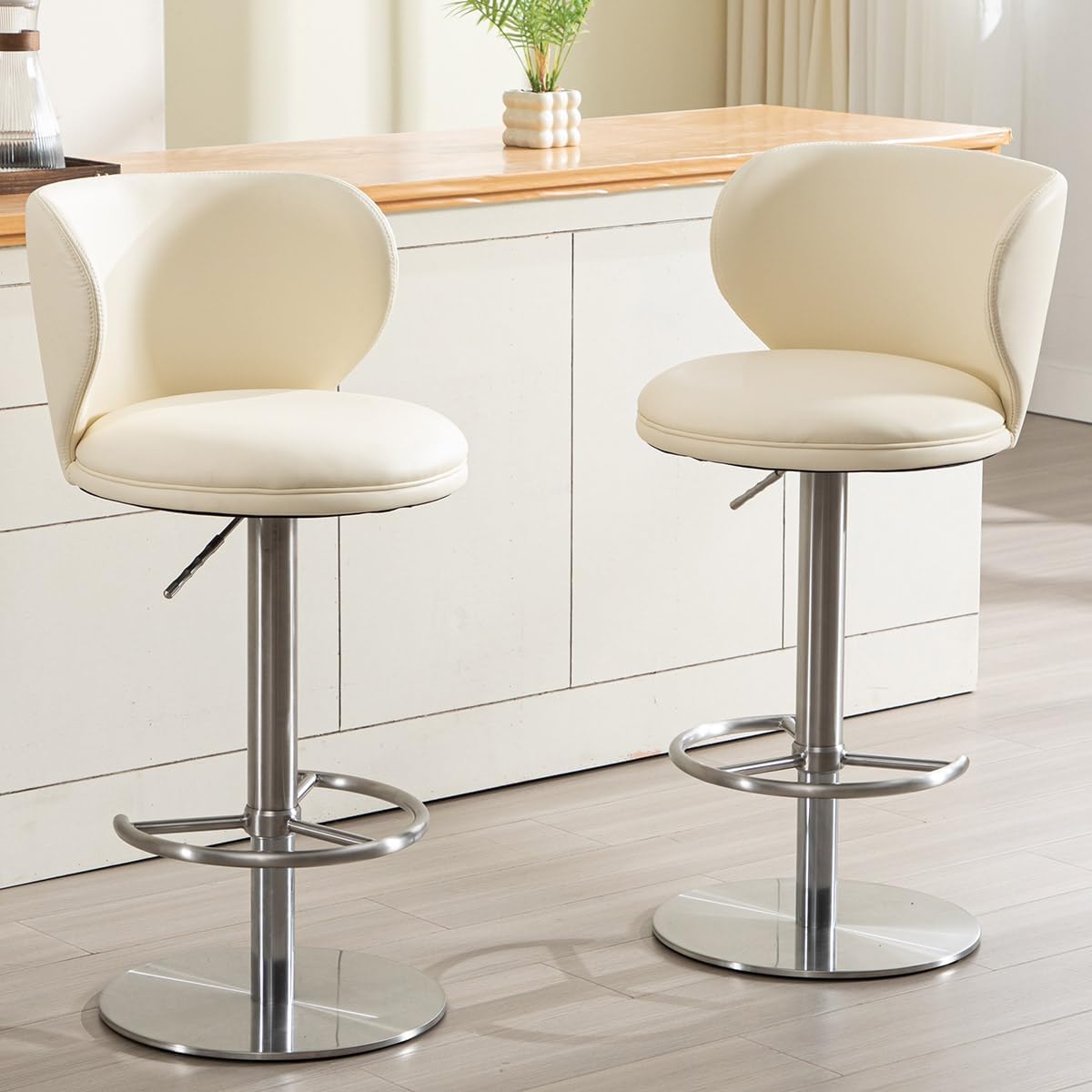 Stainless Steel Bar Stools,Grade Modern Leather Bar Chair with Backrest,Swivel Adjustable Height for Kitchen Counter and Dining Room (White Leather-1pc)