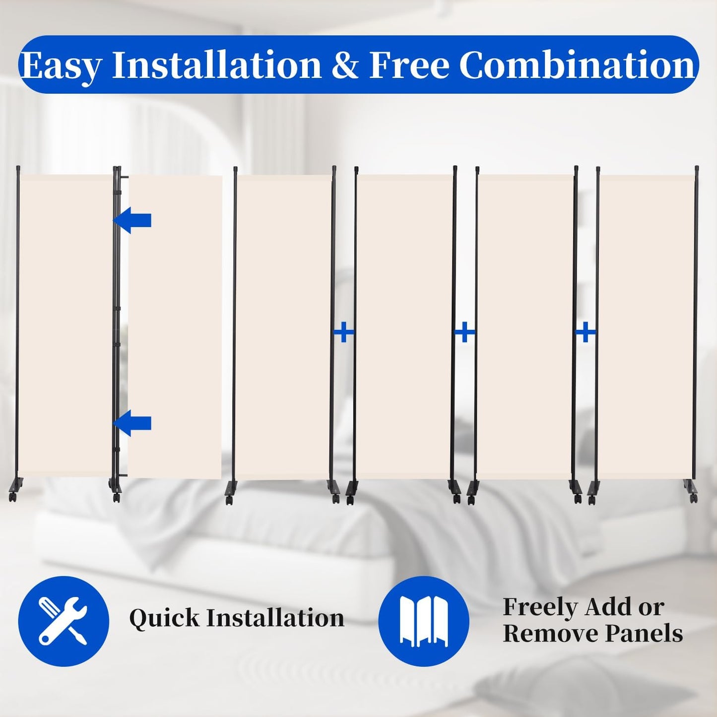 Room Divider 6FT Room Partition with Lockable Wheels, 6 Panel (Thicked Metal Base) Room Dividers, Freestanding Indoor Folding Privacy Screens, Portable Fabric Wall Divider for Room Separation, Beige