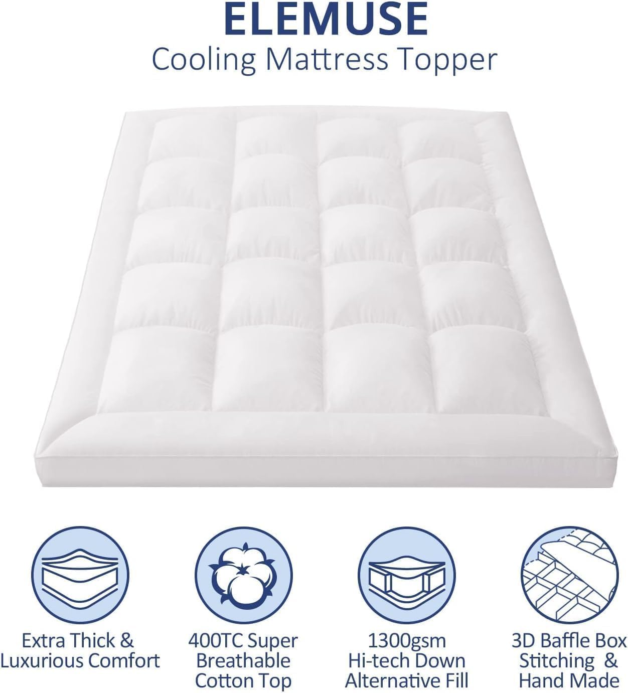 ELEMUSE 1300 GSM Overfilled Mattress Topper Queen with Baffle Box Design,Extra Thick Cooling Pillow Top Pad, 400TC Cotton Cover, Plush & Support Snow Down Alternative, White