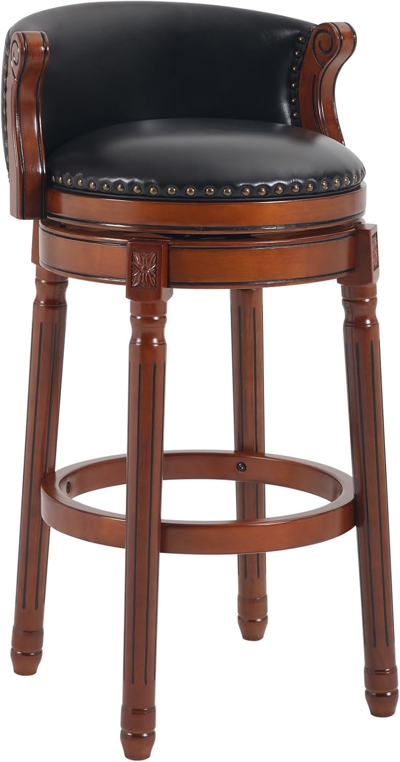 CozyRain Bar Stools Rubber Wood Counter Height Bar Stool Leather Upholstered Swivel Barstools with Back & Footrest for Home,Kitchen,Counter,Dining Room (Black, Seat Height 29.5 in)